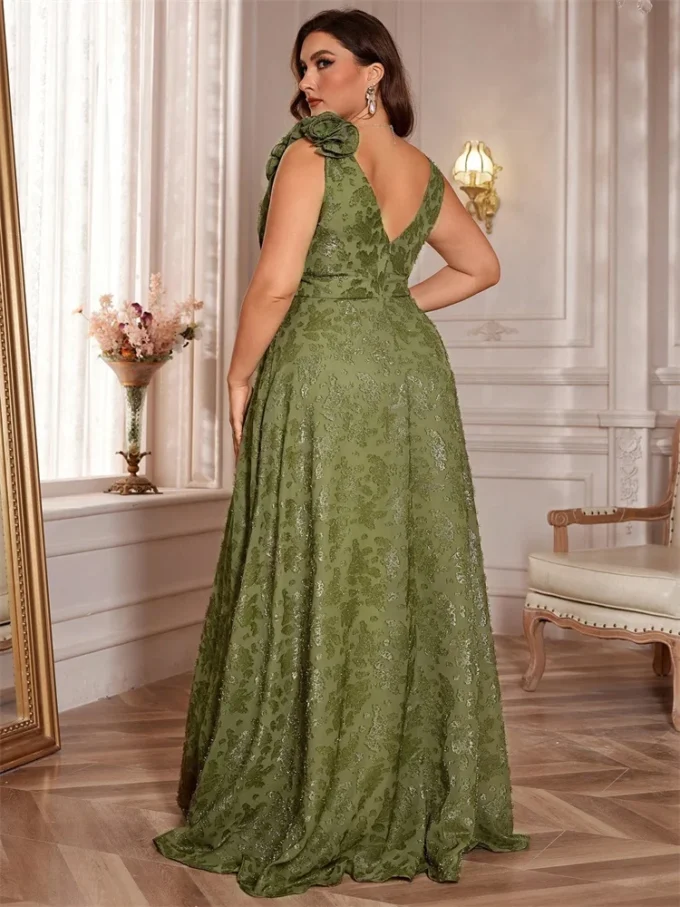 Plus Size Elegant V-Neck Green Floral Evening Dress Women Long Luxury Sleevesless Graduation Party Prom Cocktail Gown - Image 2