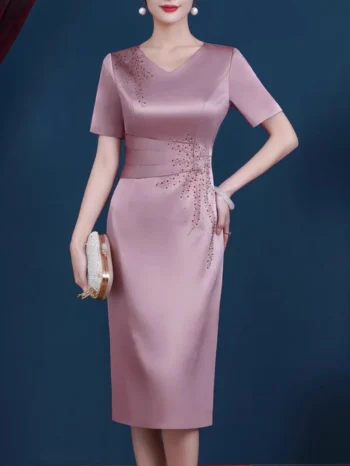 Elegant Short-sleeved V-neck Evening Dress, Dress For Women, Suitable For Wedding/party/daily/banquet, Suitable For All Seasons (Copy)