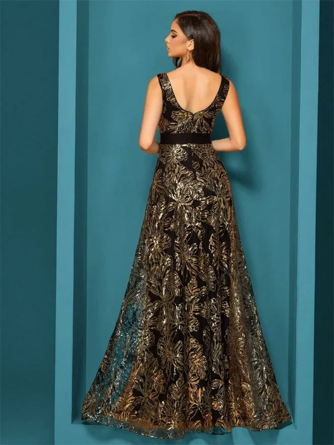 Luxury Sexy Deep V-Neck Sequins Blue Evening Dresses Women Elegant V-back Wedding Party Long Prom Cocktail Dress - Image 2