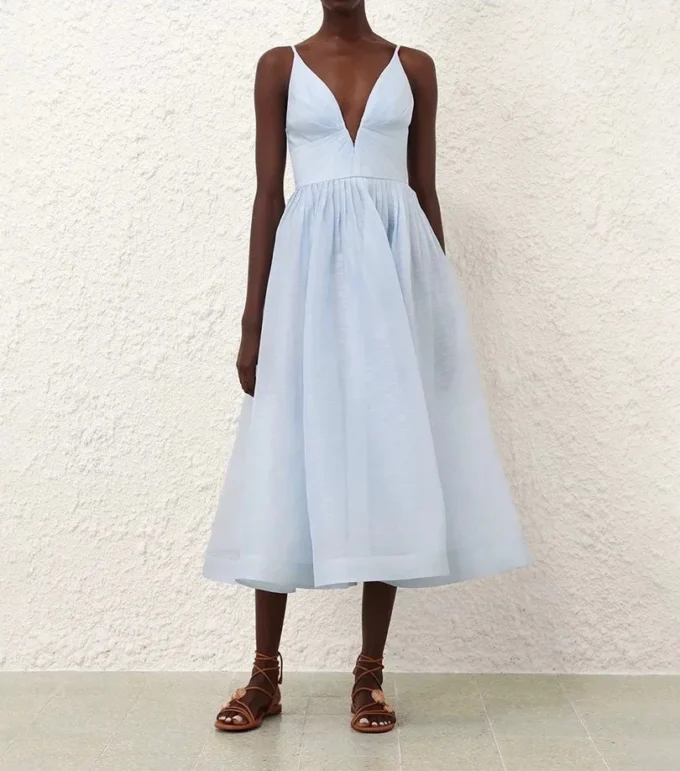 Zimm Light Blue Chic Silk Linen Spaghetti Strap Women Solid Midi Dress European High Quality Bohemian Vintage Sexy Sweet Elegant