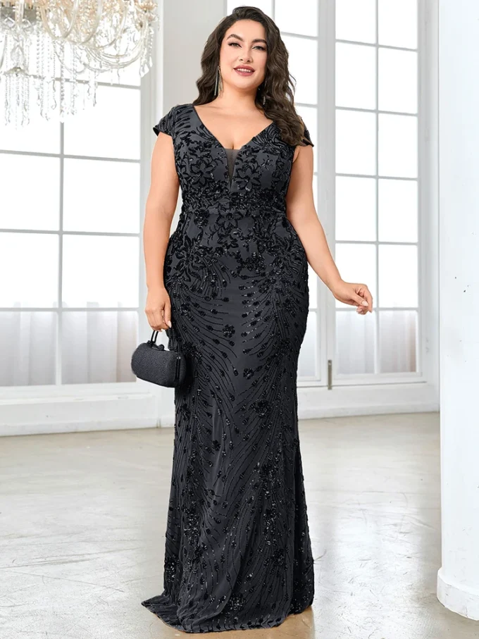Plus Size Elegant Blue Evening Dress For Women 2024 Luxury Long Mermaid Formal Sequins V-neck Prom Wedding Party Gown