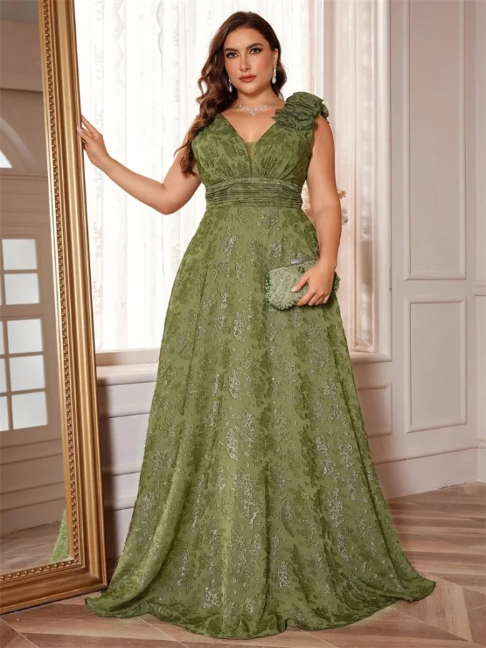 Plus Size Elegant V-Neck Green Floral Evening Dress Women Long Luxury Sleevesless Graduation Party Prom Cocktail Gown - Image 4