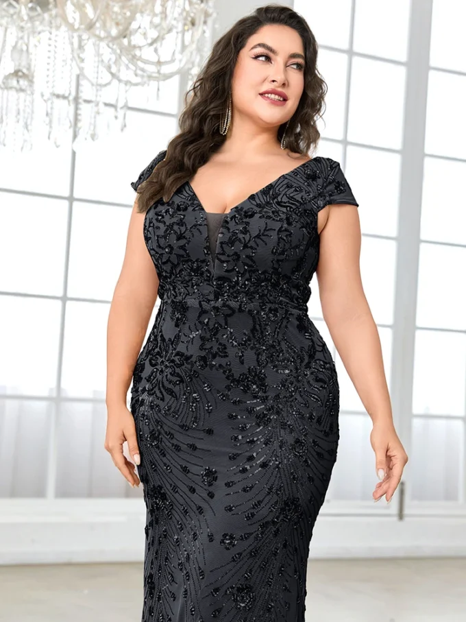 Plus Size Elegant Blue Evening Dress For Women 2024 Luxury Long Mermaid Formal Sequins V-neck Prom Wedding Party Gown - Image 6