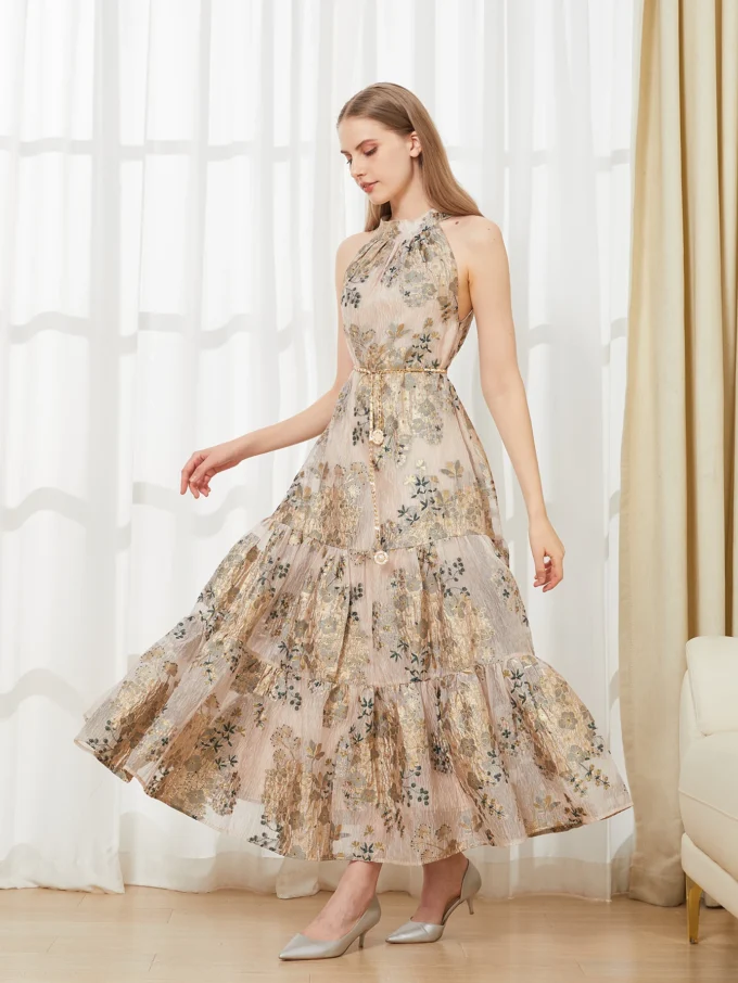 DEVCHATA Elegant Embroidery Organza Backless Sleeveless Long Halter Loose Dress Summer New Fashion Beach Holiday Party Dress