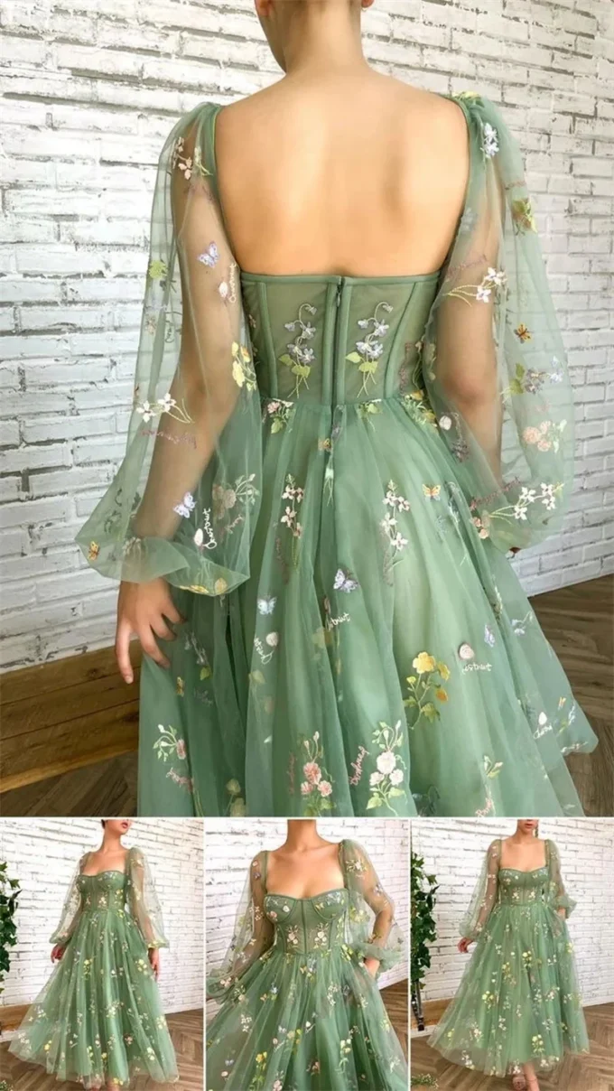 Fairy Princess Flower Tulle Women Maxi Dress Sexy Boat Neck Long Puff Sleeve Evening Prom Dresses for Girl Vestidos - Image 5