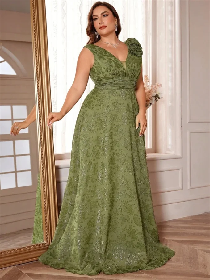 Plus Size Elegant V-Neck Green Floral Evening Dress Women Long Luxury Sleevesless Graduation Party Prom Cocktail Gown - Image 5