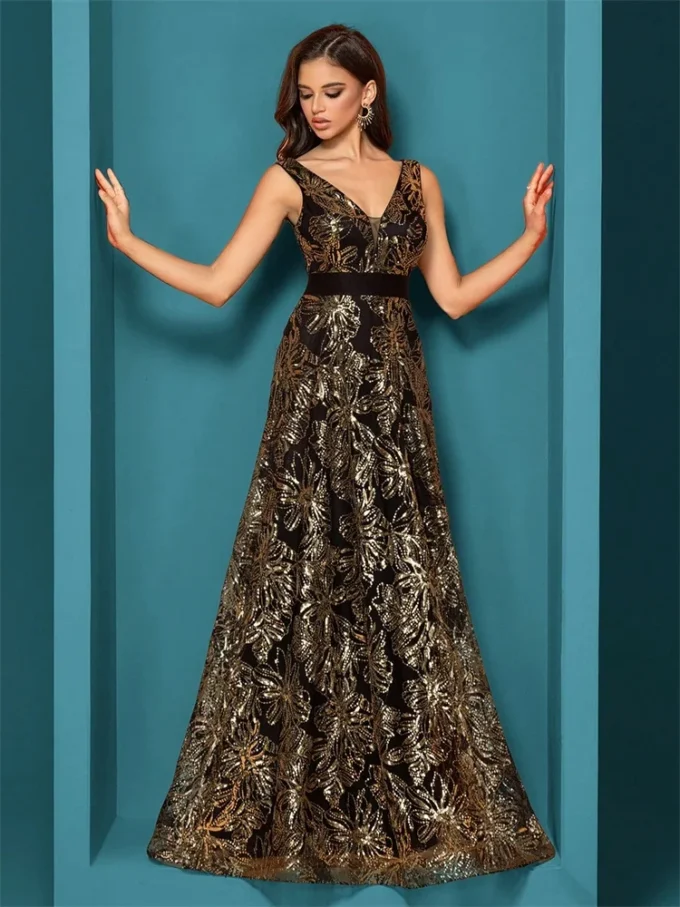 Luxury Sexy Deep V-Neck Sequins Blue Evening Dresses Women Elegant V-back Wedding Party Long Prom Cocktail Dress - Image 5