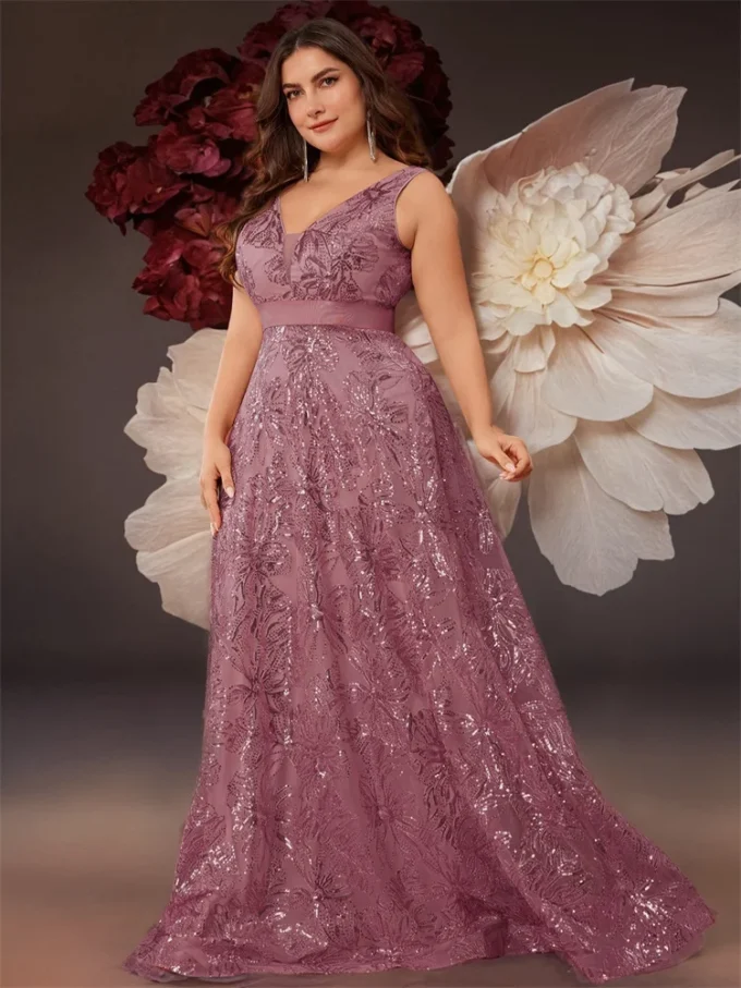 Plus Size Luxury Deep V-Neck Sequins Blue Evening Dress Women Elegant V-back Wedding Party Long Prom Cocktail Dresses - Image 3