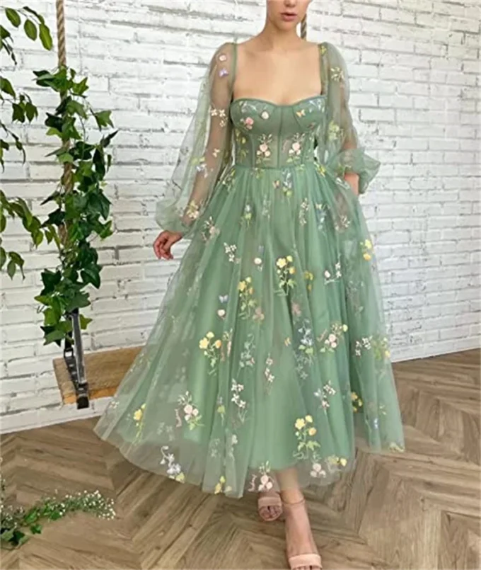 Fairy Princess Flower Tulle Women Maxi Dress Sexy Boat Neck Long Puff Sleeve Evening Prom Dresses for Girl Vestidos - Image 3