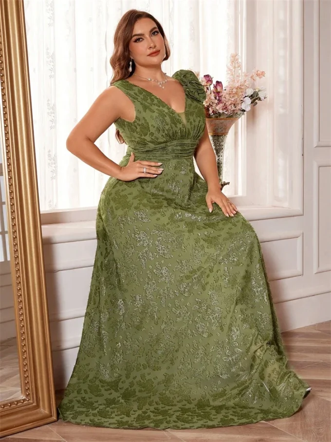 Plus Size Elegant V-Neck Green Floral Evening Dress Women Long Luxury Sleevesless Graduation Party Prom Cocktail Gown - Image 6