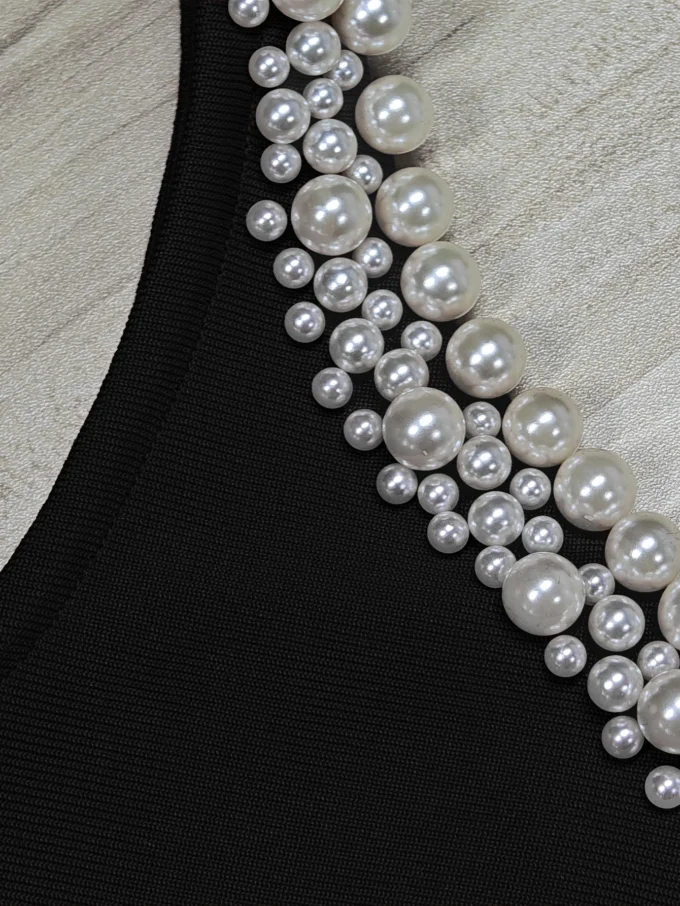 Women's Pearl Beading One Shoulder Tight Bodycon Bandage Dress,Gorgeous Split Midi Zipper Back Sleeveless Dress - Image 2