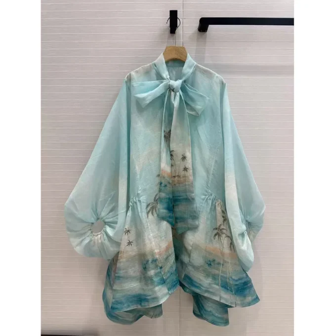 Women's dress Blue sea view coconut print dress Long Sleeve Dress Elastic cuff Silk blended linen fabric Dresses femme