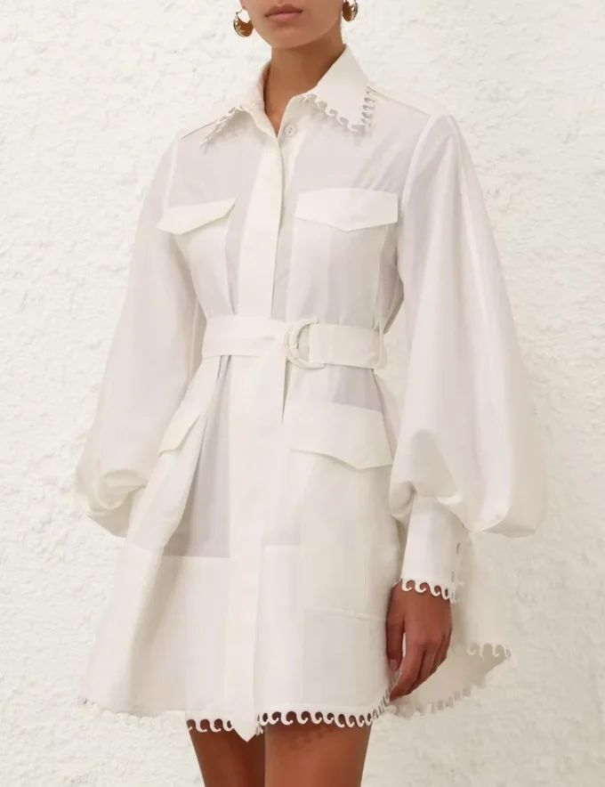 Zimm Runway Designer Bohemian Elegant Women Long Puff Sleeve Solid White Turn-down Collar Mini Dress Chic Vintage Luxury Sweet