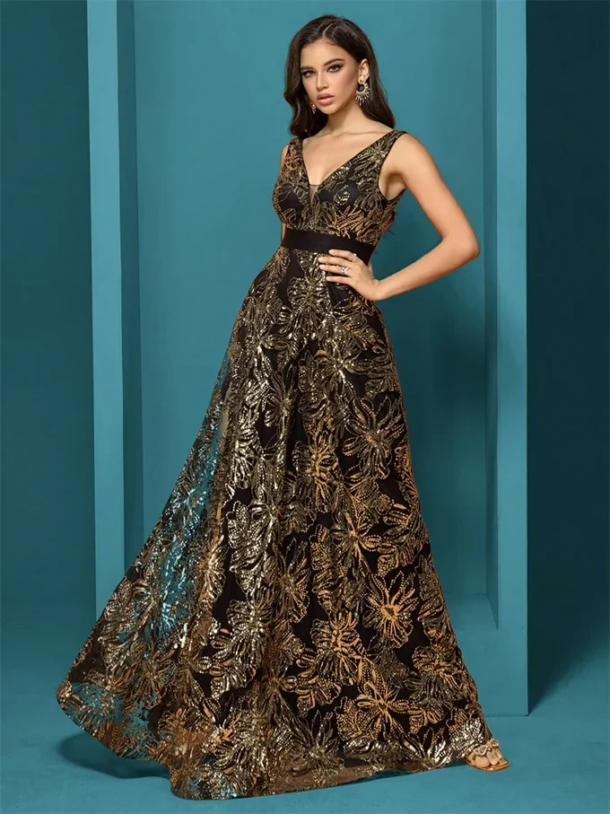 Luxury Sexy Deep V-Neck Sequins Blue Evening Dresses Women Elegant V-back Wedding Party Long Prom Cocktail Dress - Image 3