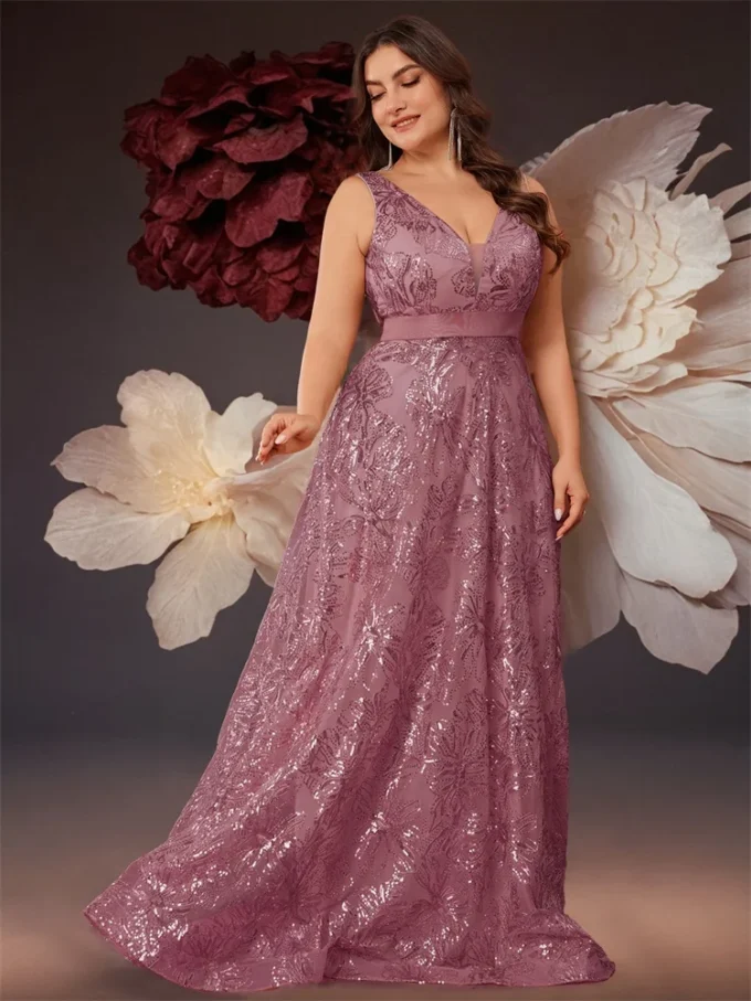 Plus Size Luxury Deep V-Neck Sequins Blue Evening Dress Women Elegant V-back Wedding Party Long Prom Cocktail Dresses - Image 4