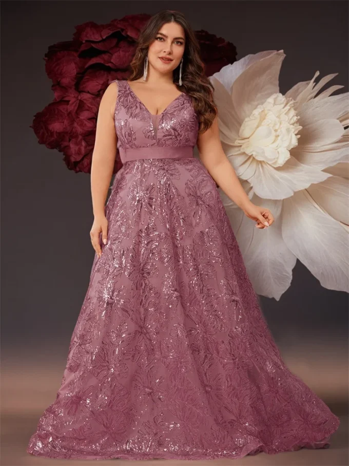 Plus Size Luxury Deep V-Neck Sequins Blue Evening Dress Women Elegant V-back Wedding Party Long Prom Cocktail Dresses - Image 5