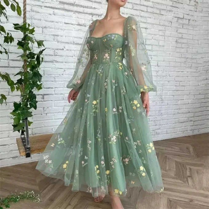 Fairy Princess Flower Tulle Women Maxi Dress Sexy Boat Neck Long Puff Sleeve Evening Prom Dresses for Girl Vestidos
