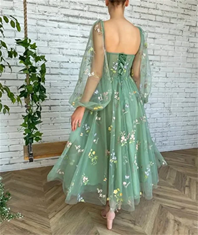 Fairy Princess Flower Tulle Women Maxi Dress Sexy Boat Neck Long Puff Sleeve Evening Prom Dresses for Girl Vestidos - Image 2
