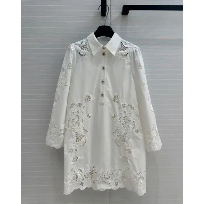 Women Heavy craft embroidered floral cutout cotton fabric dress Long sleeve shirt Pleated version for slimming Dresses femme