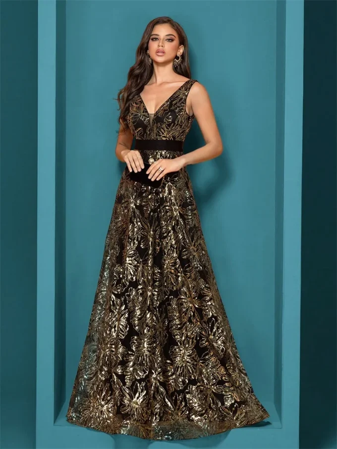 Luxury Sexy Deep V-Neck Sequins Blue Evening Dresses Women Elegant V-back Wedding Party Long Prom Cocktail Dress - Image 4