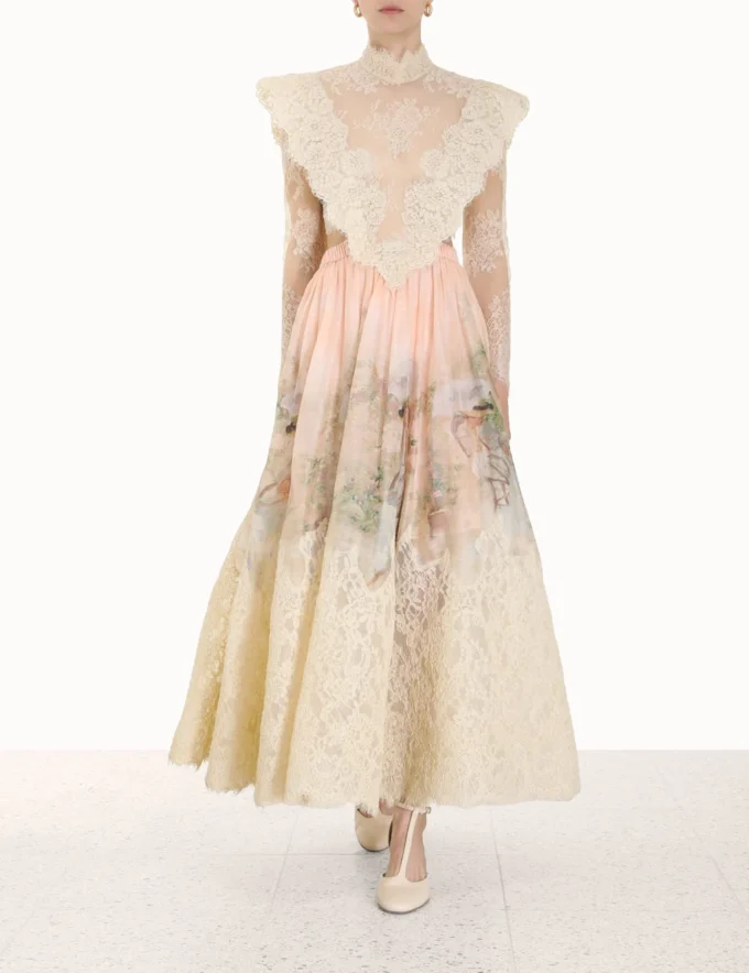 Zimm Silk Linen Lace Women Dress Runway Designer High Quality Chic