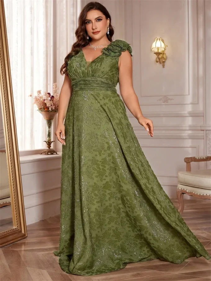 Plus Size Elegant V-Neck Green Floral Evening Dress Women Long Luxury Sleevesless Graduation Party Prom Cocktail Gown - Image 3