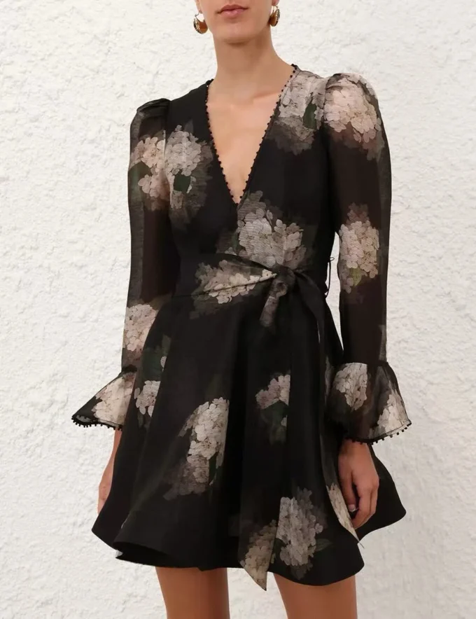 Zimm High Quality Silk Linen Elegant Luxury Women Long Puff Sleeve V-Neck Mini Dress Bohemian Vintage Sweet Black Printing