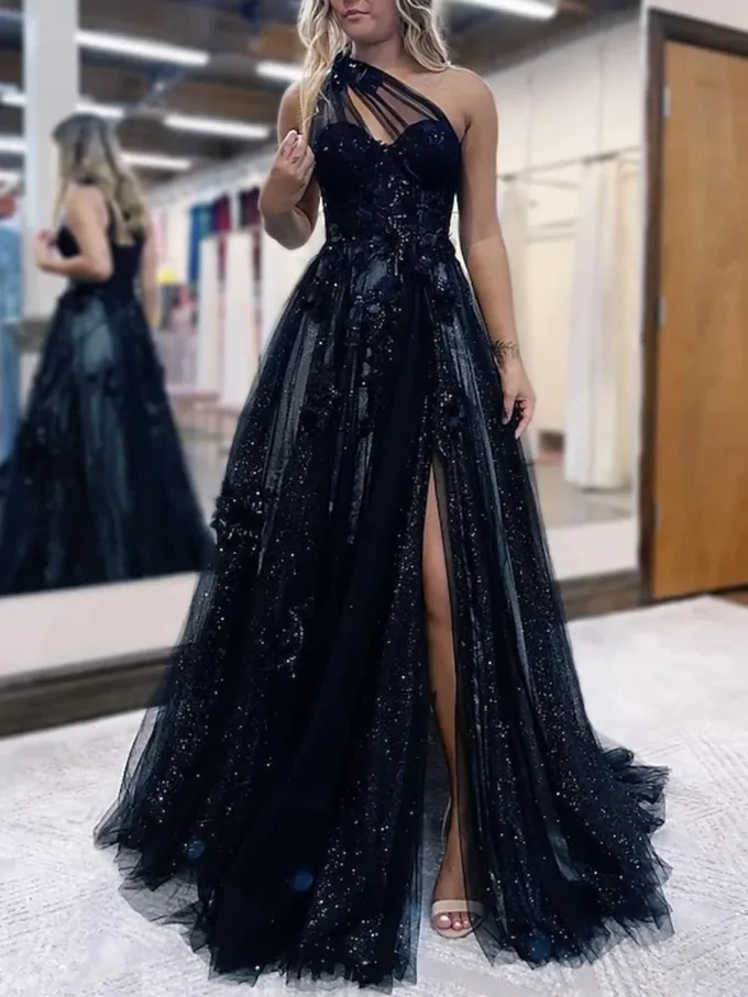 A-Line Black One Shoulder Tulle Floor Length Backless Pleats Appliques Evening Dress Dress Prom Dress 2025 free customized
