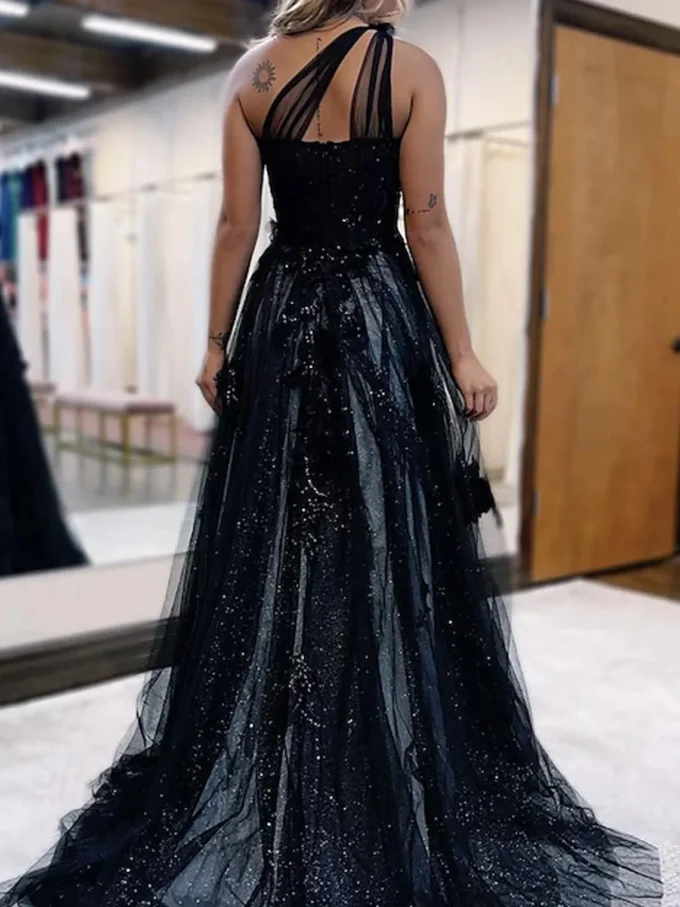 A-Line Black One Shoulder Tulle Floor Length Backless Pleats Appliques Evening Dress Dress Prom Dress 2025 free customized - Image 2