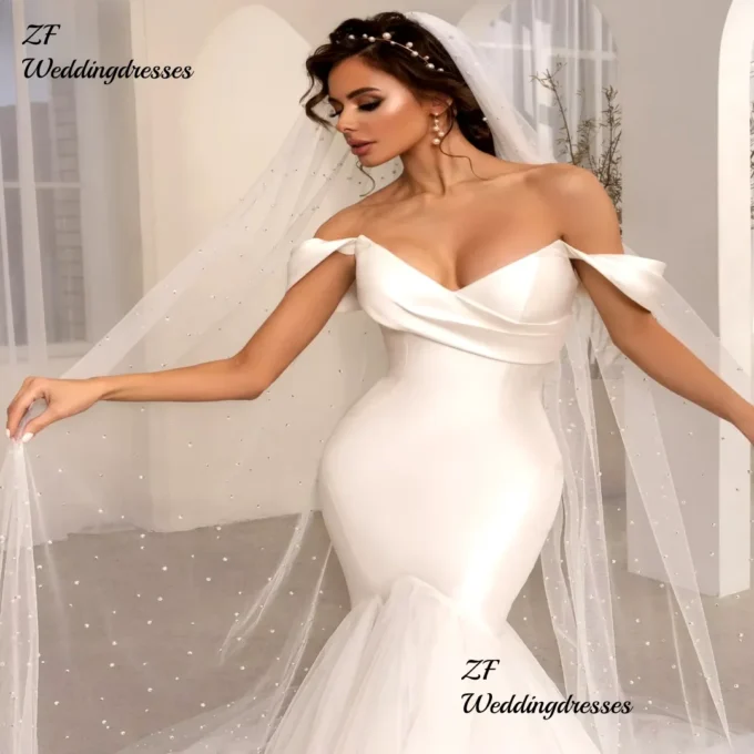 Customized Wedding Dresses Satin Fashion A-Line Sweetheart Beautiful Mermaid Off Shoulder Mopping Bride Gowns Sexy Backless Slee - Image 2