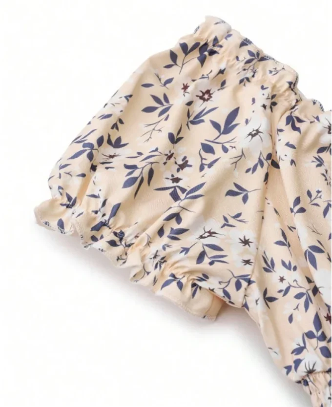 Vintage floral dress with fluffy cuffs and pleated waist cinching, suitable for women's summer beach wear and summer parties - Image 6