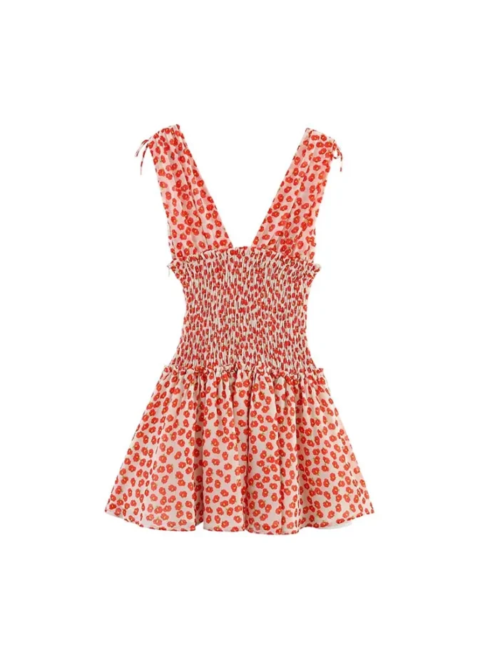 Women Summer Mini Tank Dress 2025 Fashion Sweet V-Neck Chiffon Bow Print Female Elegant Street Elastic waist Dresses Clothing - Image 2