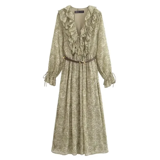 Dresses Women's 2025 New Spring Chiffon Print V-neck Chic Slim Long Dress Fashion Elegant Holiday Street Women's Dress - Image 4