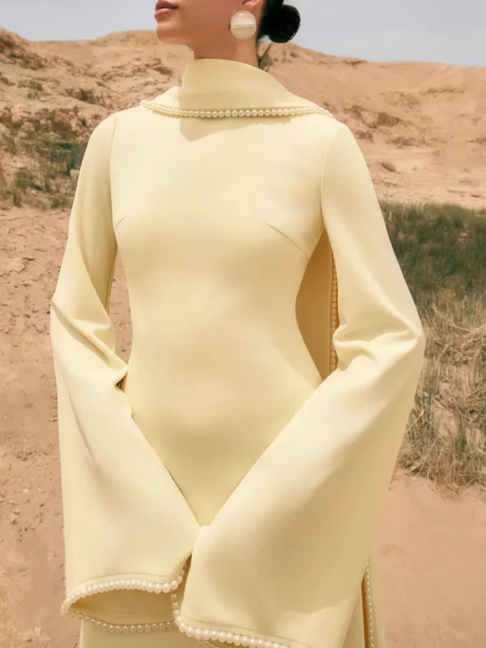VGH Elegant Solid Color Slimming Dress for Women Scarf Collar Long Sleeve High Waist Patchwork Cape Evening Long Dresses Female - Image 3