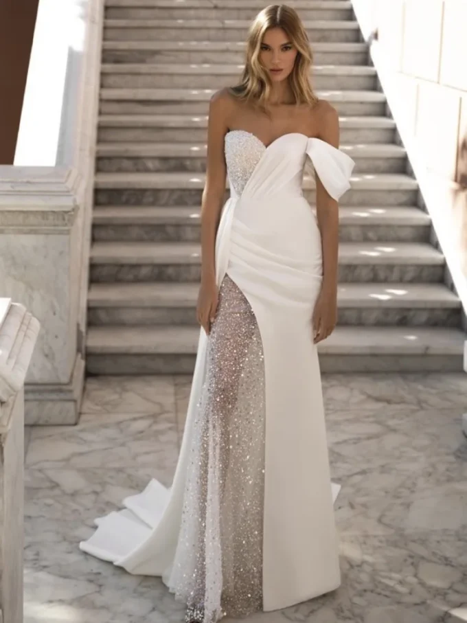 Elegant Off Shoulder Wedding Dress Sparkling High Waist Mermaid Bride Dress Asymmetric Design Wedding Dress Custom - Image 4