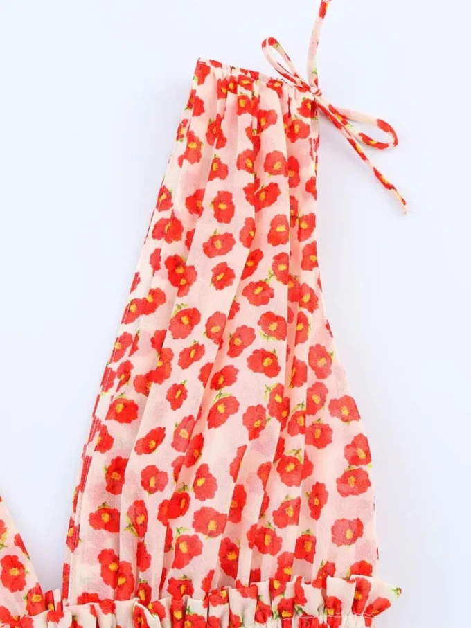 Women Summer Mini Tank Dress 2025 Fashion Sweet V-Neck Chiffon Bow Print Female Elegant Street Elastic waist Dresses Clothing - Image 4