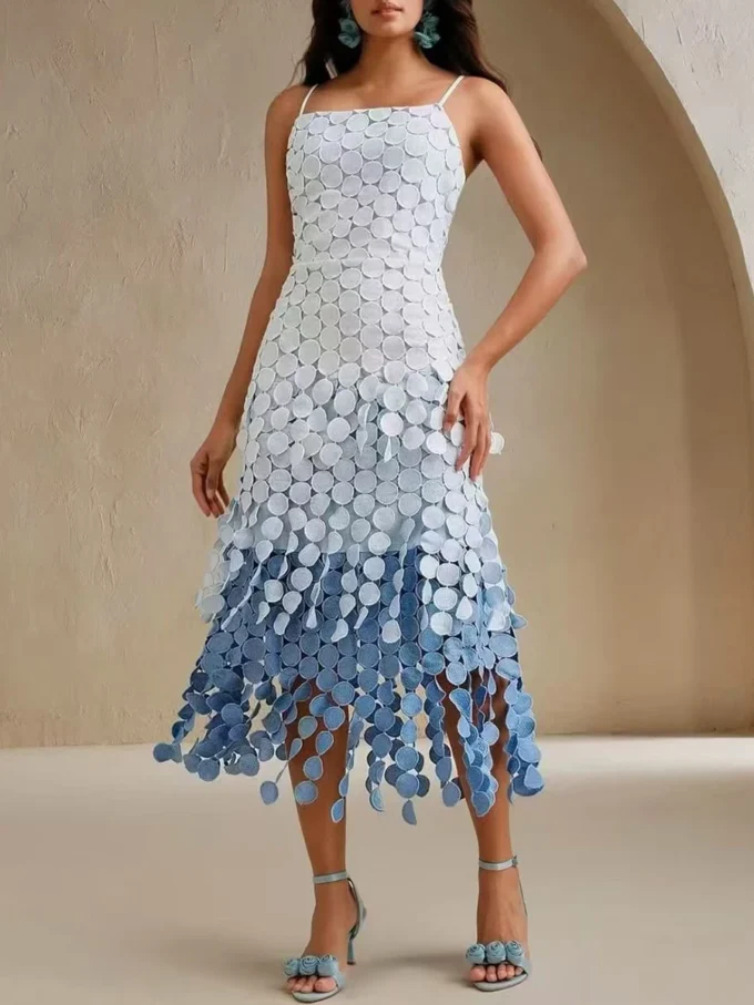 TWOTWINSTYLE Gradient Slimming Spliced Tassels Elegant Dresses for Women Square Neck Sleeveless High Waist Fashion Dress Female - Image 3