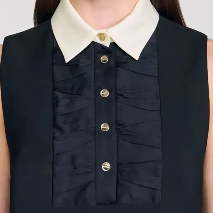 Splices Turn-Down Collar Mini Dress Women Pleated Buttons Sleeveless A-Line Short Robe 2025 Autumn New - Image 4