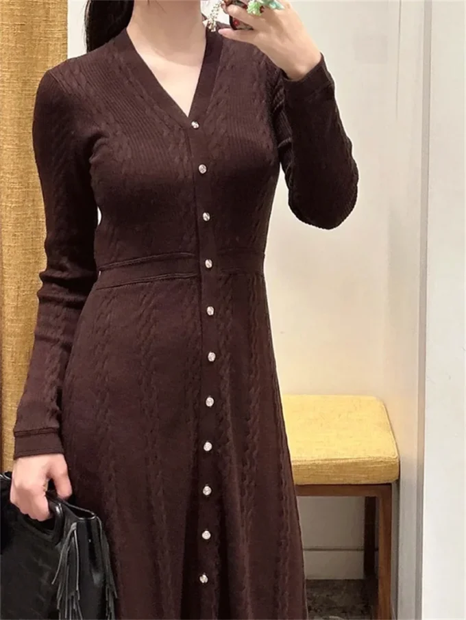 Brown Women's Long Sleeve High Waist V-Neck Robe 2025 Autumn Single Breasted Slim Knitted Mid-Length Dress - Image 3