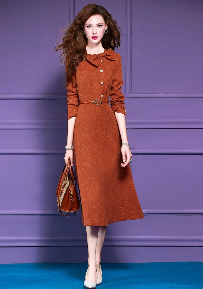 ZJYT Designer Bowknot Beading Long Sleeve Autumn Dresses for Women 2025 Elegant Casual Vintage Midi Orange Dress Plus Size 3XL - Image 5