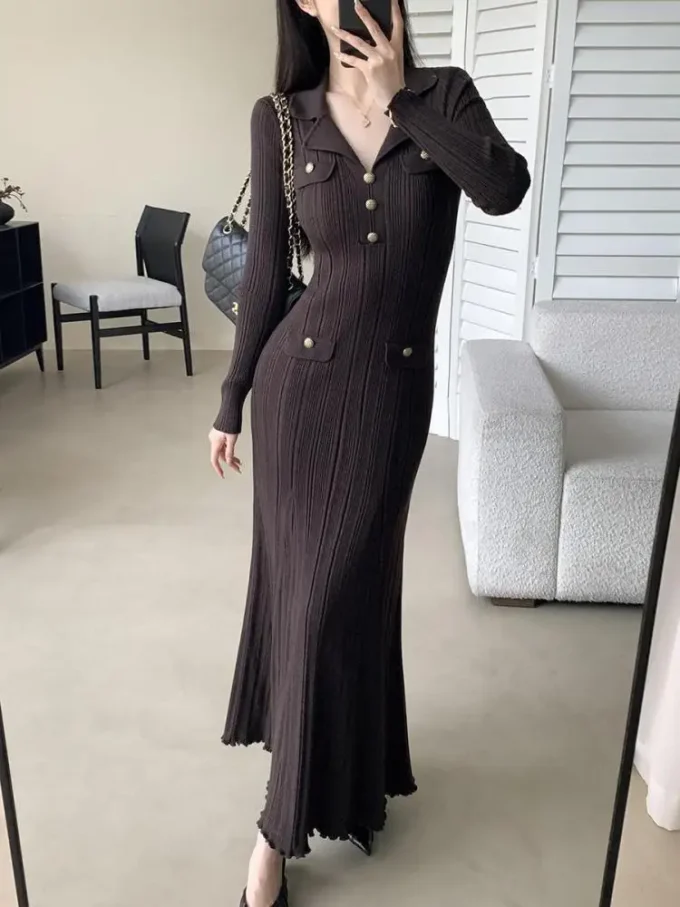 Korean Women Brown Elegant Long Sleeved Lapel Dresses Autumn Winter Temperment Slim Festival Fishtail Knitted Dress 2025 Simple