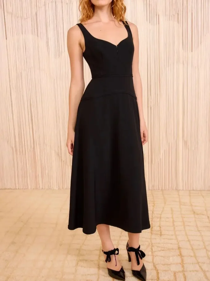 Women Black Vest Dress V-Neck Sleeveless High Waist Elegant Ladies Midi Robe