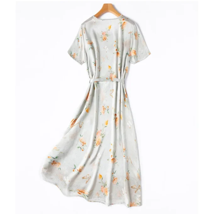 Women Midi Dress 100% Mulberry Silk 19 Momme Charmeuse Silk Short Sleeve Belted Waist Gray Floral Print A Line Long Dress M1430 - Image 4