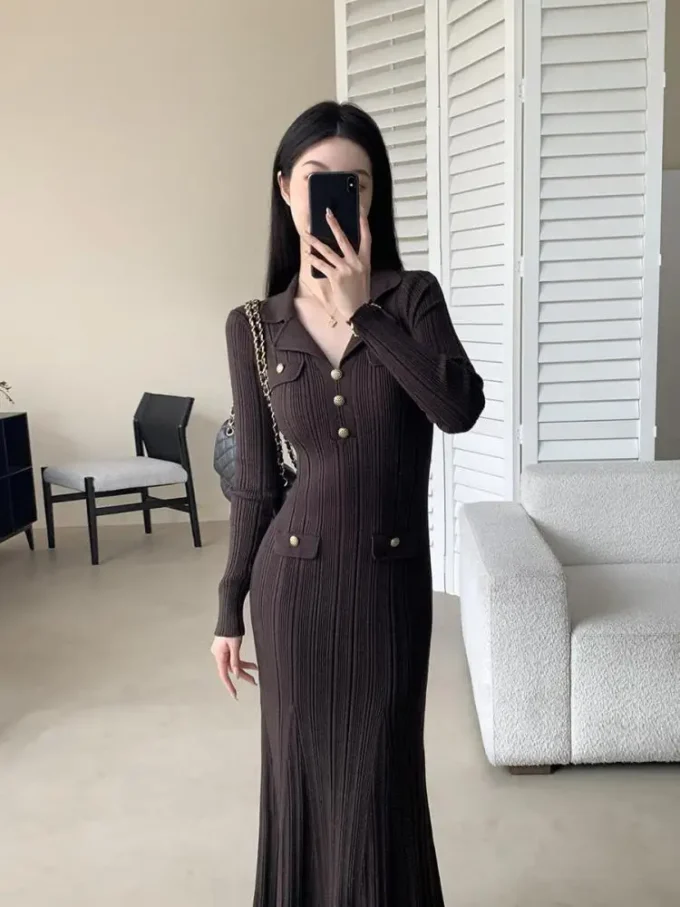 Korean Women Brown Elegant Long Sleeved Lapel Dresses Autumn Winter Temperment Slim Festival Fishtail Knitted Dress 2025 Simple - Image 2