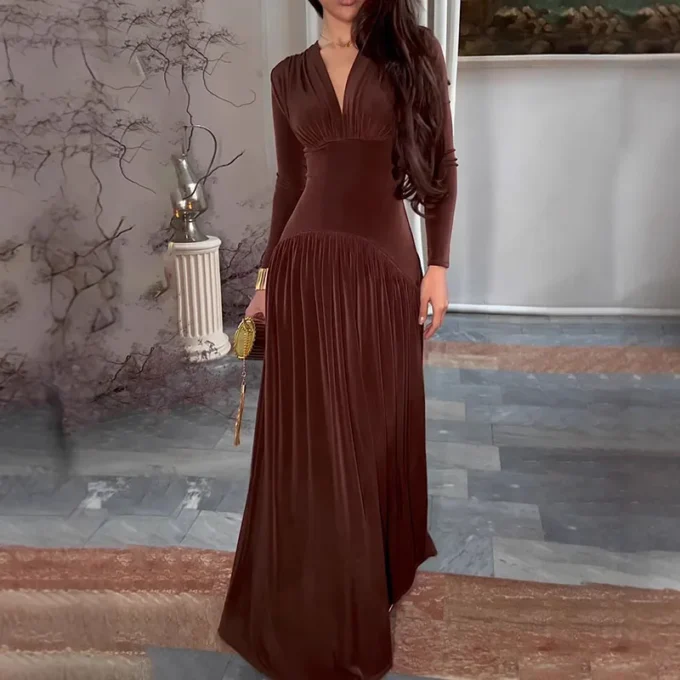Women Retro V Neck Slim Pleated Long Dress Fall Winter Long Sleeve Solid Velvet Dress Fashion High Waist A-Line Maxi Party Dress - Image 3