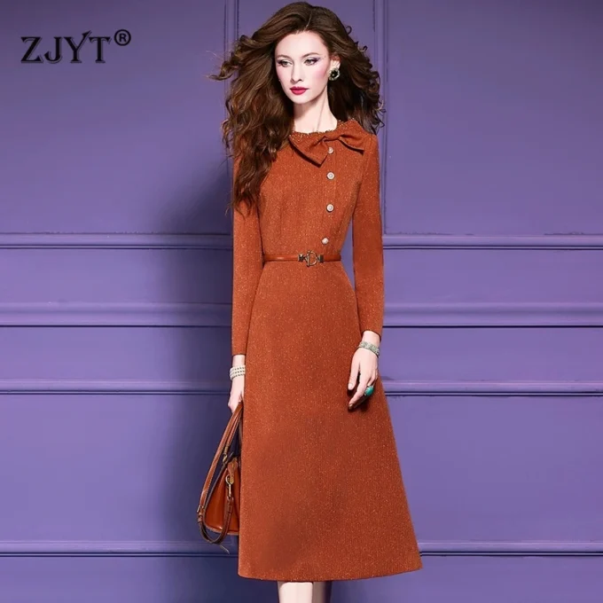 ZJYT Designer Bowknot Beading Long Sleeve Autumn Dresses for Women 2025 Elegant Casual Vintage Midi Orange Dress Plus Size 3XL